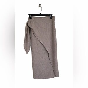 Miou Muse Taupe/beige gingham Faux Wrap Midi Skirt with Side Tie